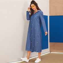 Charger l&#39;image dans la galerie, Blue Abaya Pearls Beaded Split Hem Denim Hoodie Dress