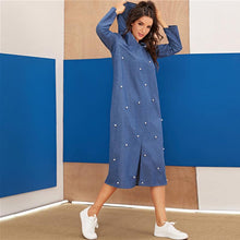 Charger l&#39;image dans la galerie, Blue Abaya Pearls Beaded Split Hem Denim Hoodie Dress