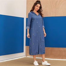 Charger l&#39;image dans la galerie, Blue Abaya Pearls Beaded Split Hem Denim Hoodie Dress