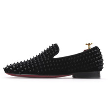 Load image into Gallery viewer, Black velvet rivet handmade loafers