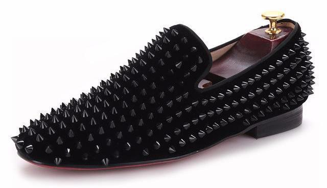 Black velvet rivet handmade loafers