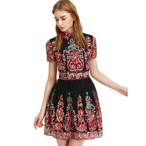 Embroidery Vintage Mesh Overlay Party Dress