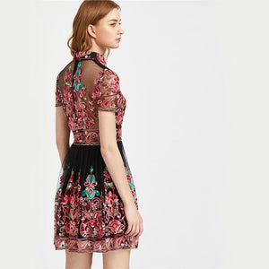 Embroidery Vintage Mesh Overlay Party Dress