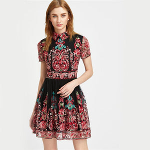 Embroidery Vintage Mesh Overlay Party Dress