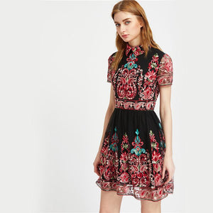 Embroidery Vintage Mesh Overlay Party Dress