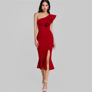 Burgundy One Shoulder Fishtail Flounce Midi Dress