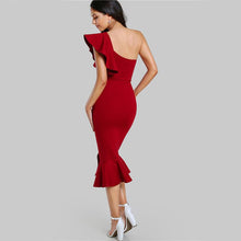 Charger l&#39;image dans la galerie, Burgundy One Shoulder Fishtail Flounce Midi Dress