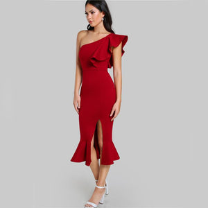 Burgundy One Shoulder Fishtail Flounce Midi Dress