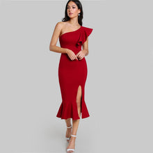 Charger l&#39;image dans la galerie, Burgundy One Shoulder Fishtail Flounce Midi Dress