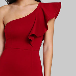 Burgundy One Shoulder Fishtail Flounce Midi Dress