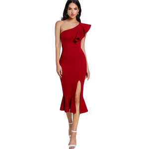 Burgundy One Shoulder Fishtail Flounce Midi Dress