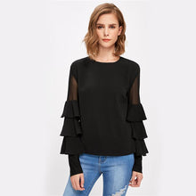 Load image into Gallery viewer, Black Long Sleeve Women&#39;s Mesh Insert Tiered Bell Sleeve Blouse