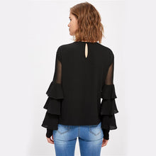 Load image into Gallery viewer, Black Long Sleeve Women&#39;s Mesh Insert Tiered Bell Sleeve Blouse