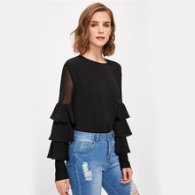 Load image into Gallery viewer, Black Long Sleeve Women&#39;s Mesh Insert Tiered Bell Sleeve Blouse