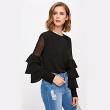 Load image into Gallery viewer, Black Long Sleeve Women&#39;s Mesh Insert Tiered Bell Sleeve Blouse
