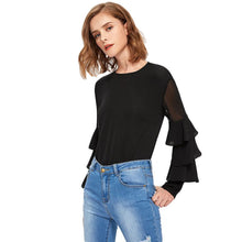 Load image into Gallery viewer, Black Long Sleeve Women&#39;s Mesh Insert Tiered Bell Sleeve Blouse