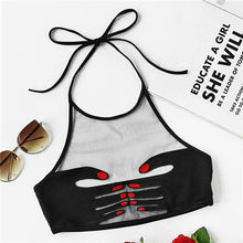 Charger l&#39;image dans la galerie, Black Hand Patch Halter Neck Mesh Bralette Crop Top