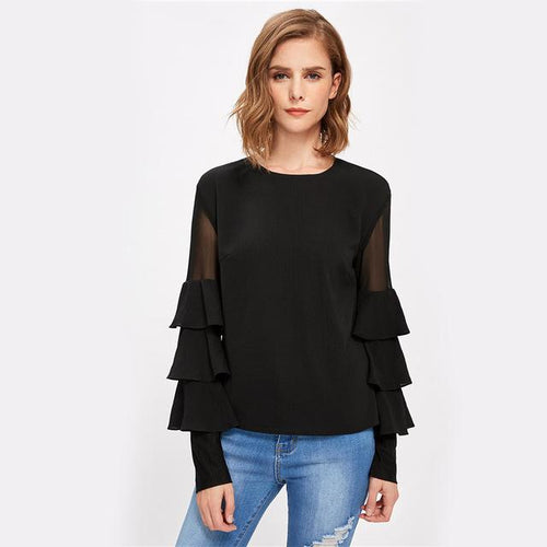 Black Long Sleeve Women's Mesh Insert Tiered Bell Sleeve Blouse