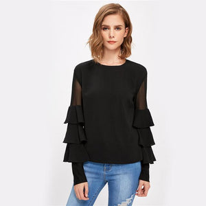 Black Long Sleeve Women's Mesh Insert Tiered Bell Sleeve Blouse