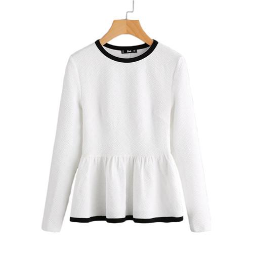 Contrast Textured Peplum Long Sleeve Blouse