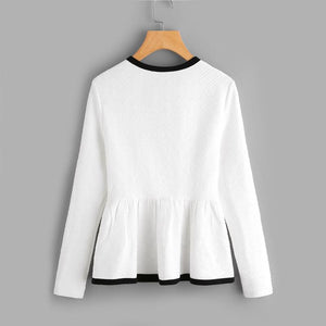 Contrast Textured Peplum Long Sleeve Blouse