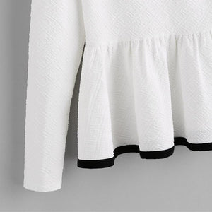 Contrast Textured Peplum Long Sleeve Blouse