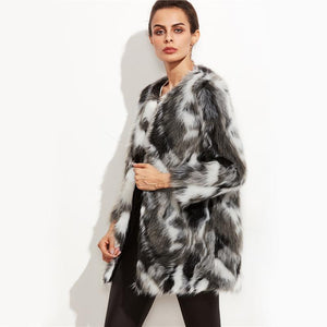 Faux Fur Fuzzy Color Block Open Front Coat