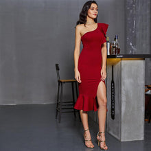 Charger l&#39;image dans la galerie, Burgundy One Shoulder Fishtail Flounce Midi Dress