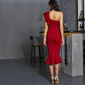 Burgundy One Shoulder Fishtail Flounce Midi Dress