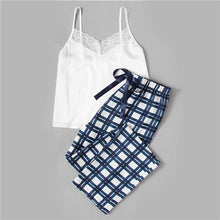 Load image into Gallery viewer, White Spaghetti Strap Sleeveless Lace Embellished Cami &amp; Plaid Pants Pyjamas
