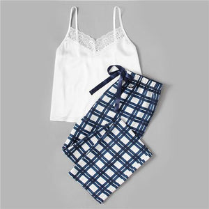 White Spaghetti Strap Sleeveless Lace Embellished Cami & Plaid Pants Pyjamas