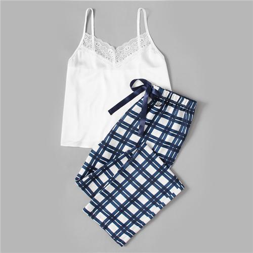 White Spaghetti Strap Sleeveless Lace Embellished Cami & Plaid Pants Pyjamas