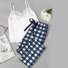 Load image into Gallery viewer, White Spaghetti Strap Sleeveless Lace Embellished Cami &amp; Plaid Pants Pyjamas