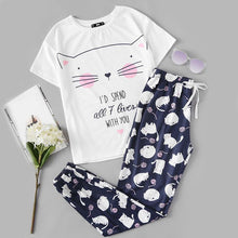 Cargar imagen en el visor de la galería, Cat Print White Round Neck Tee and Blue Pants Pyjamas