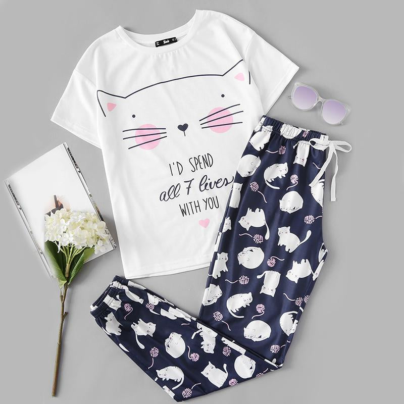 Cat Print White Round Neck Tee and Blue Pants Pyjamas