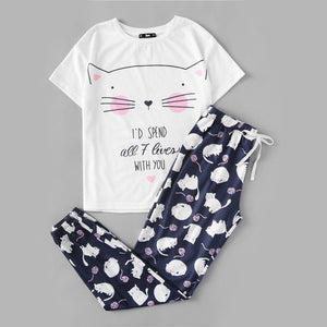 Cat Print White Round Neck Tee and Blue Pants Pyjamas