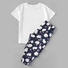 Cargar imagen en el visor de la galería, Cat Print White Round Neck Tee and Blue Pants Pyjamas