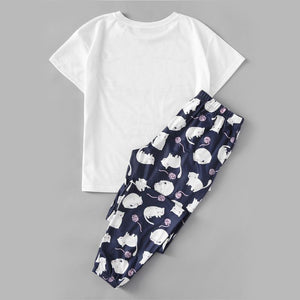 Cat Print White Round Neck Tee and Blue Pants Pyjamas