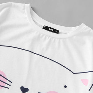 Cat Print White Round Neck Tee and Blue Pants Pyjamas