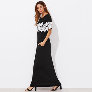 Black Short Sleeve Pocket Maxi Dress