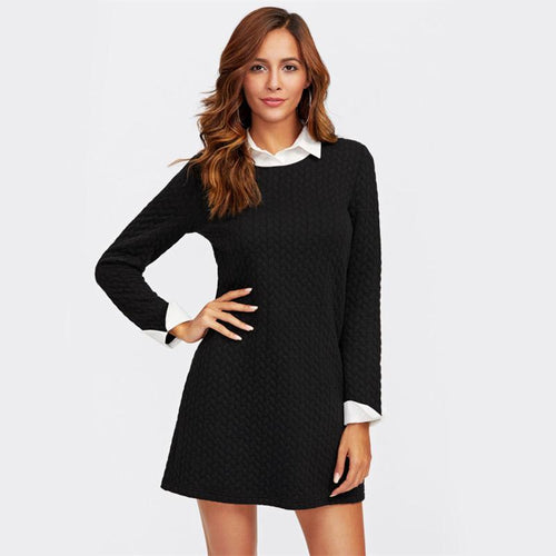 Patchwork Contrast Collar And Cuff Textured 2 In 1 Dress