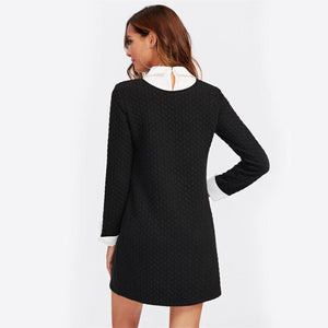 Patchwork Contrast Collar And Cuff Textured 2 In 1 Dress