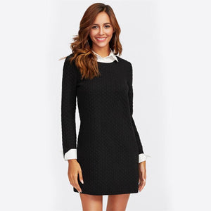 Patchwork Contrast Collar And Cuff Textured 2 In 1 Dress