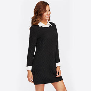 Patchwork Contrast Collar And Cuff Textured 2 In 1 Dress