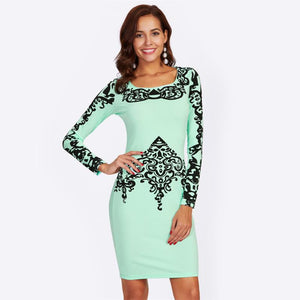 Mint Damask Print Square Neck Pencil Dress