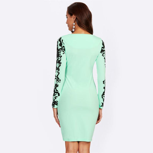 Mint Damask Print Square Neck Pencil Dress