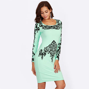 Mint Damask Print Square Neck Pencil Dress