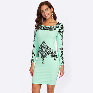 Mint Damask Print Square Neck Pencil Dress