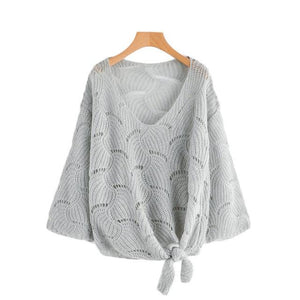 V Neckline Self Tie Knit Sweater