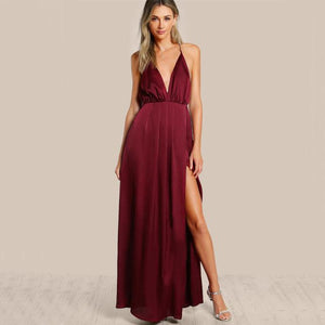 High Slit Satin Plunge Neck Cross Back Dress